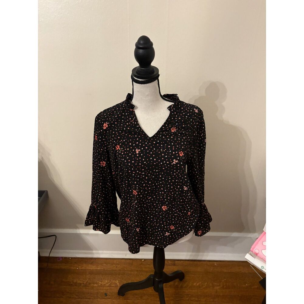 Cece Black Floral Polka Dot Ruffle Sleeve Blouse | V-Neck | Size M